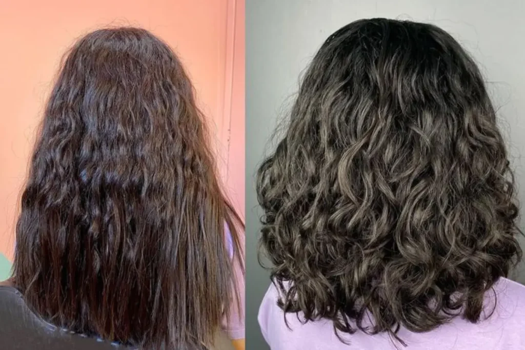 Mulher de costas mostrando o seu cabelo antes e depois da transição capilar