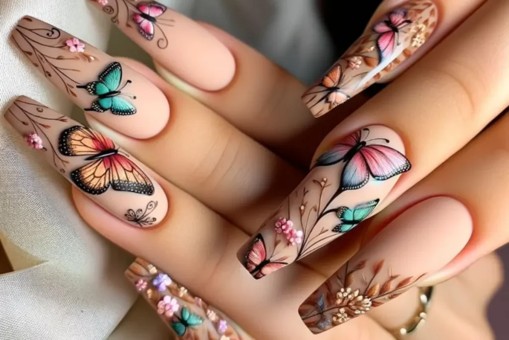 Unhas nude decoradas com borboletas
