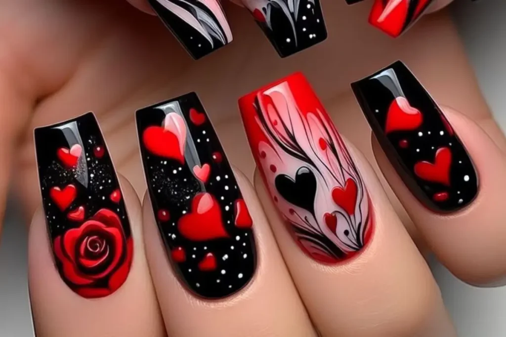 Unhas vermelhas e pretas decoradas com flores e corações
