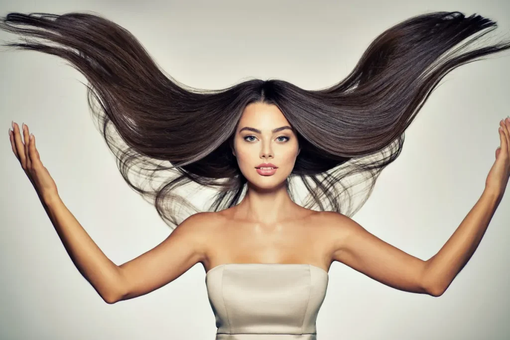 Mulher jogando seu cabelo liso para cima