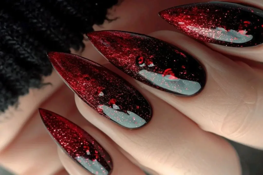 Unhas em gel degradê vermelho com preto