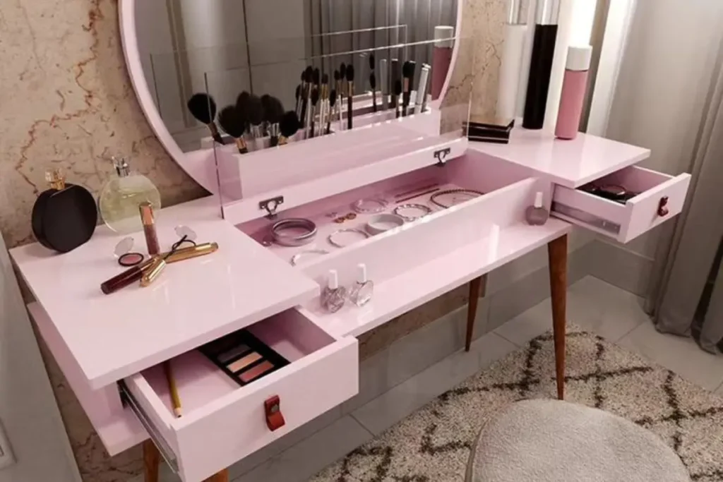 Penteadeira 14 Itens Essenciais Para o Seu Autocuidado Diário - Penteadeira cor de rosa com produtos de maquaiagens, joias e perfumens