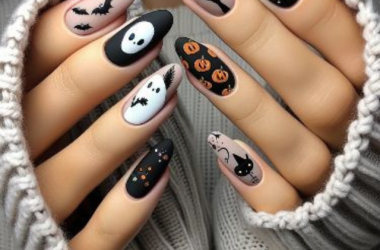 Mulher usando unhas de Halloween - Unhas com estampa de abóbora, fantasma, e morcegos