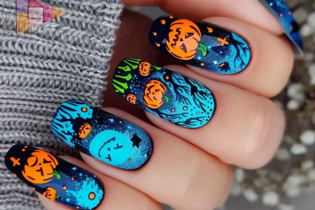 Unhas azuis decoradas com abóboras