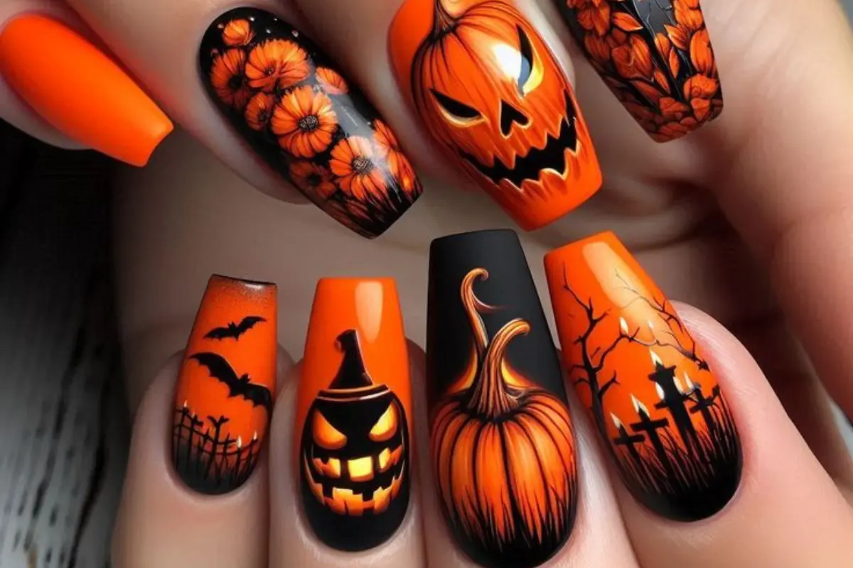 Unhas de Halloween 9 Dicas de Arrasar em 2024 - Unhas laranja e preto estampadas de abóbora, cemitério, morcego e flores