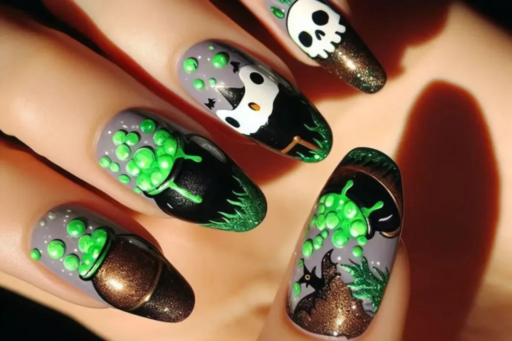 Unhas decoradas com caldeirão de bruxa e caveira