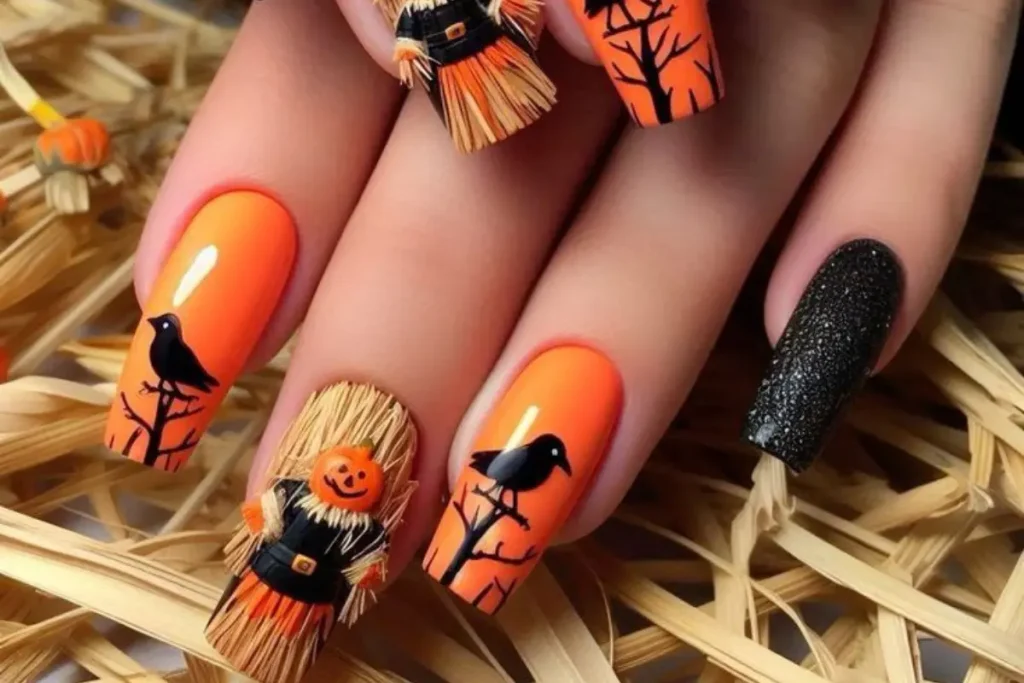 Unhas laranja e preto decoradas com espantalho