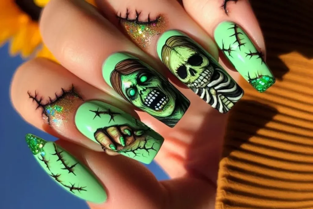 Unhas verdes decoradas com zumbis