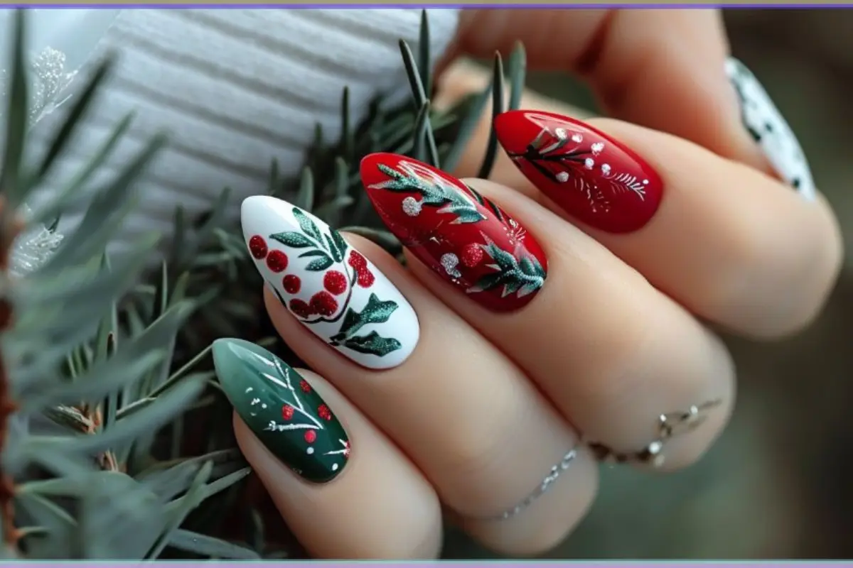 Unhas de Natal 8 Dicas Maravilhosas - Unhas vermelhas, verde e branca com estampa natalina