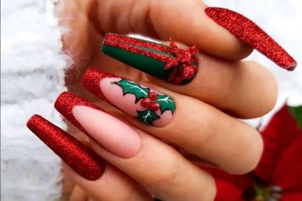 Unhas de natal vermelhas e verde, com laços