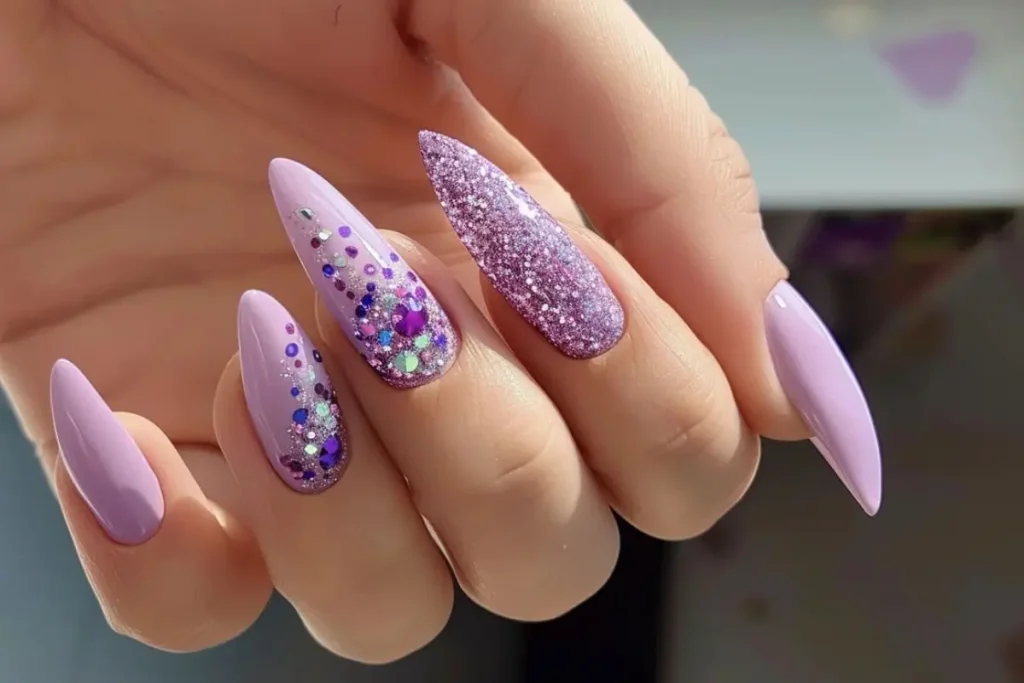 Unhas lilás decoradas com glitter e strass