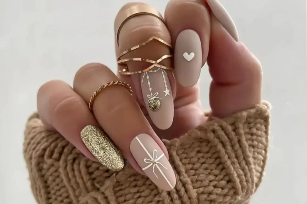 Unhas nude e dourado com decoração natalina