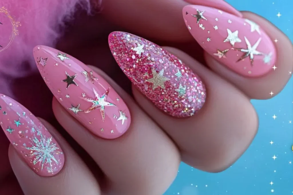 Unhas rosa decoradas com estrelas