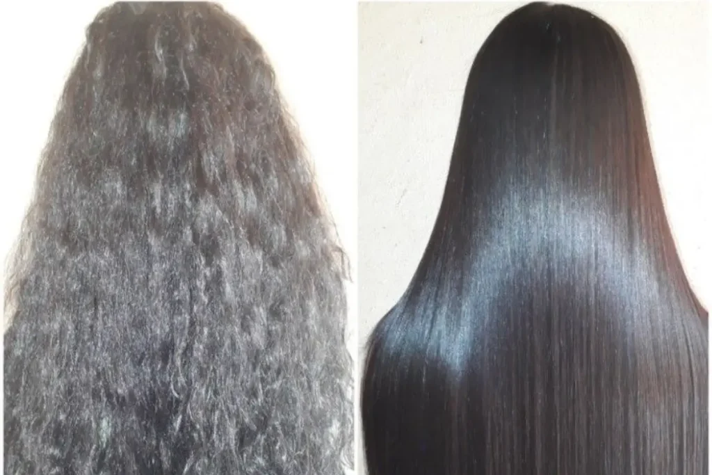 Antes e depois de cabelo ondulado que foi alisado