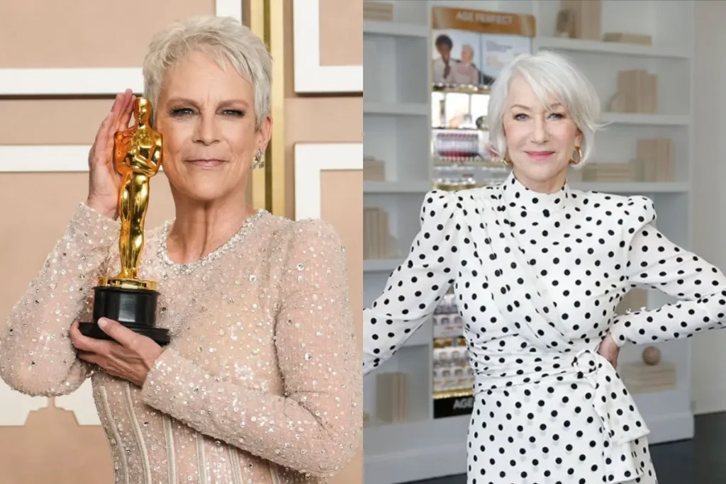 As famosas Jamie Lee Curtis e Helen Mirren com cabelos grisalhos