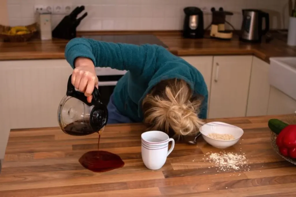 Mulher com a cabeça deitada na mesa jogando café na mesa