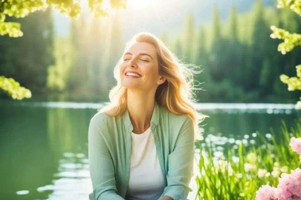 Mulher na beira de um lago sorrindo