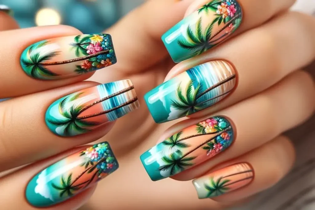 Unhas decoradas com estampa de praia