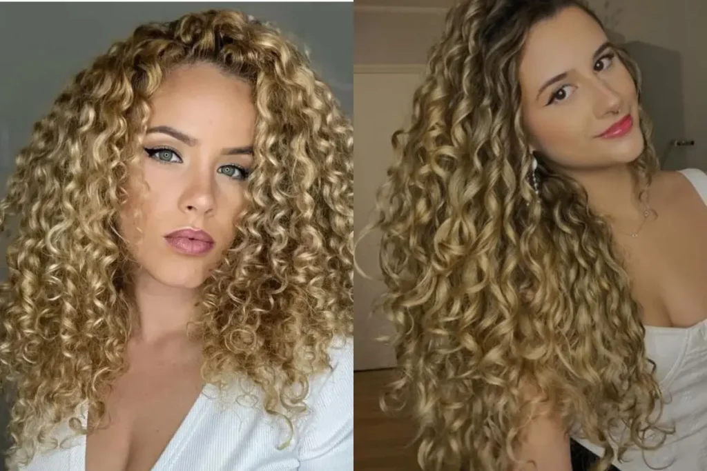 Mulheres com cabelo loiro e cacheado