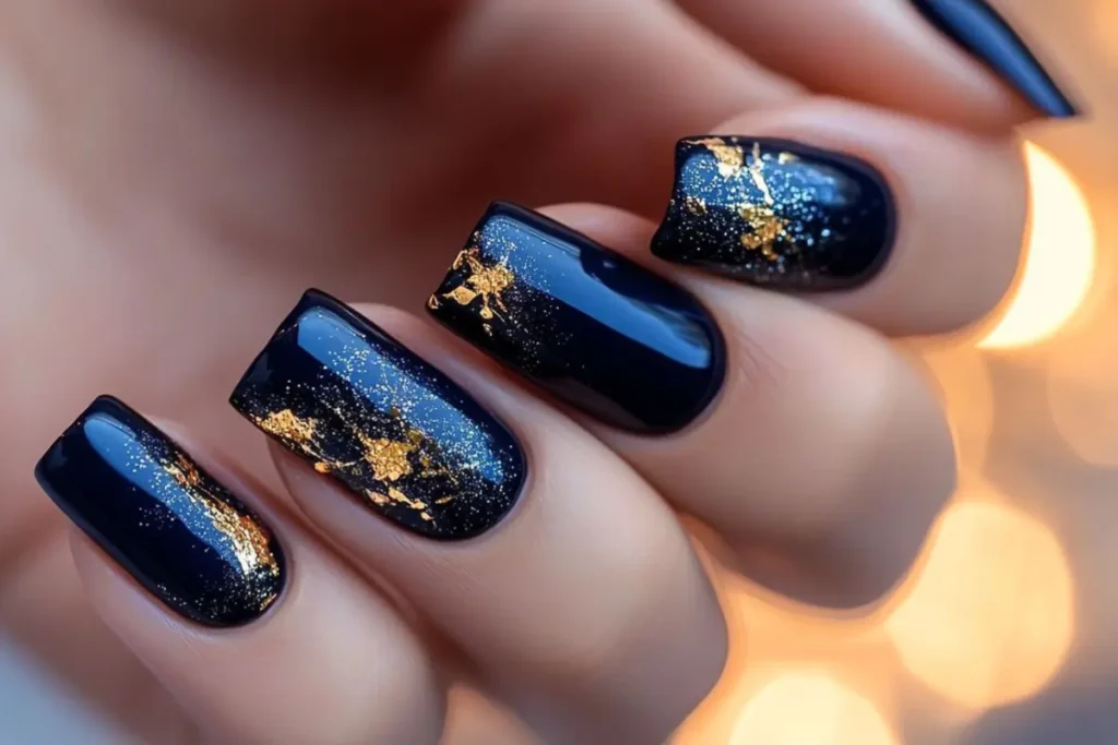 Unhas azul e dourado