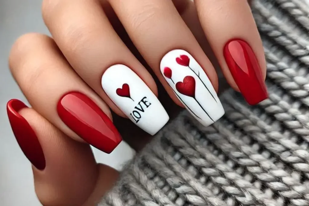 Dia das Mães 7 Inspirações de Unhas Para Esse Dia Tão Especial - Unhas vermelhas com branco escrito love e com corações
