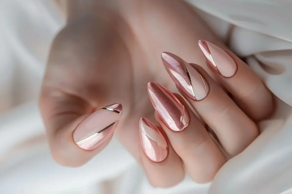 Unhas rosa claro e rose gold