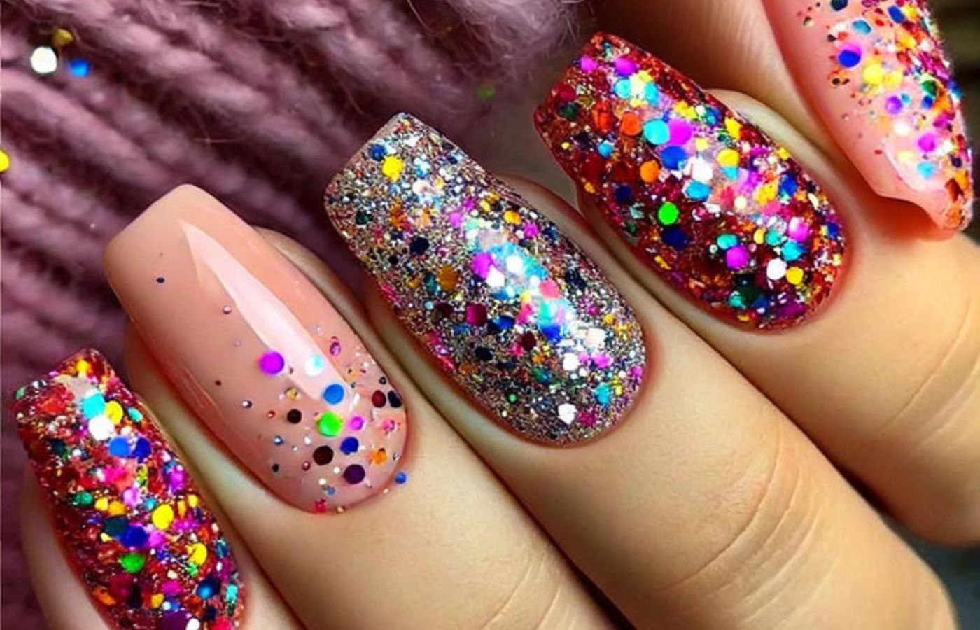 Unhas com glitter colorido
