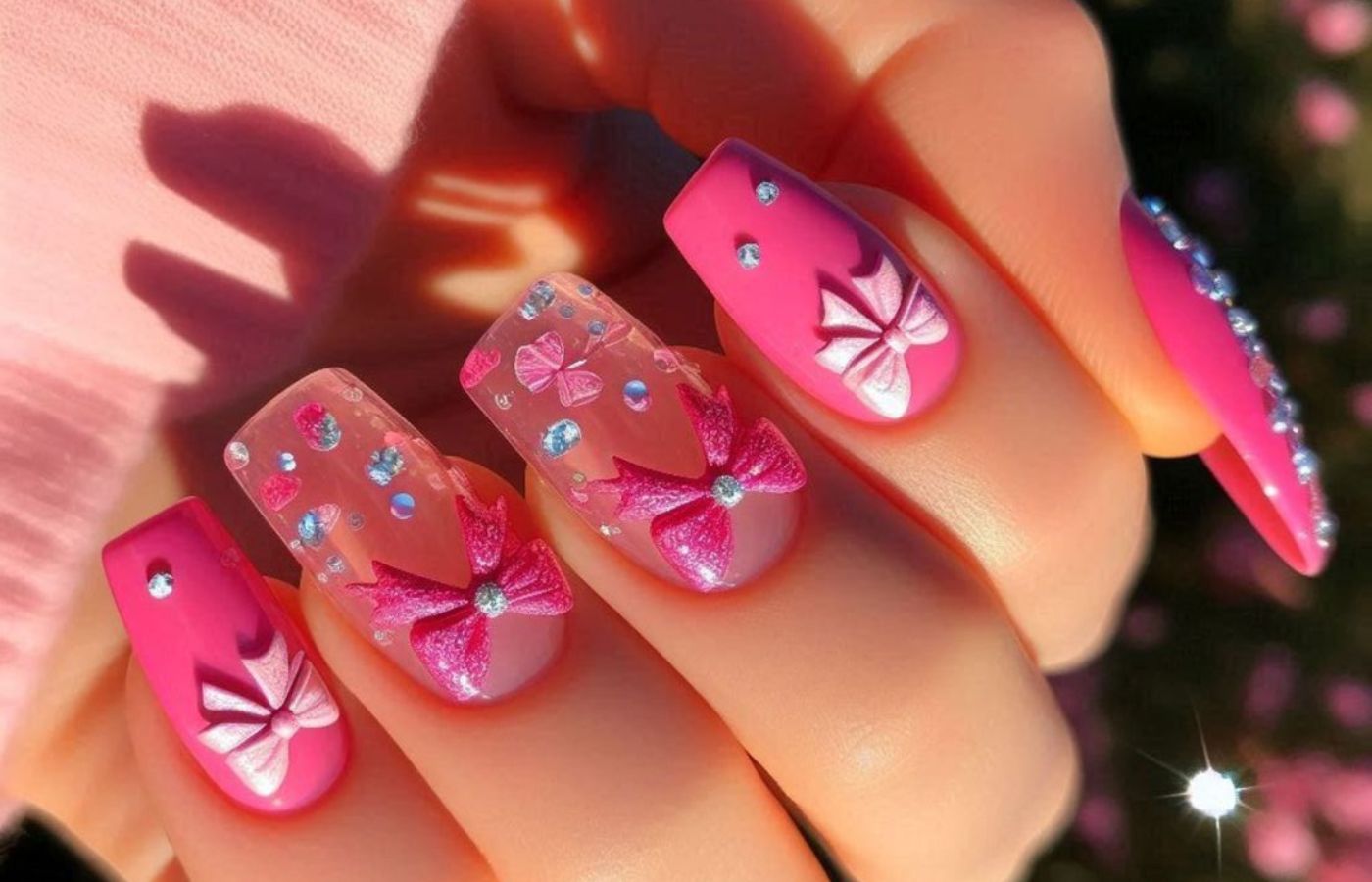 Unhas cor de rosa decoradas com laços