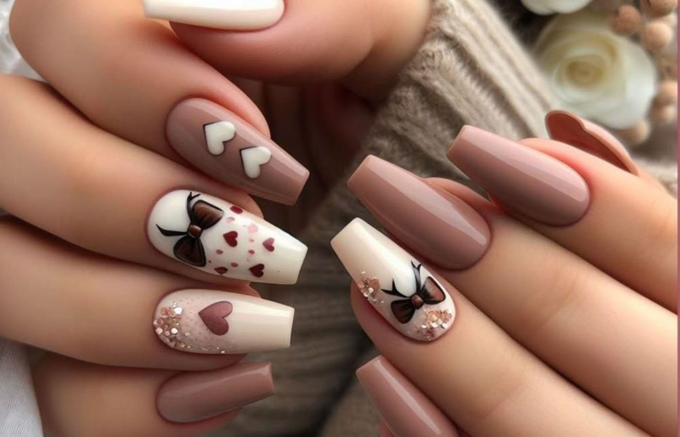 Unhas personalizadas com laços e corações