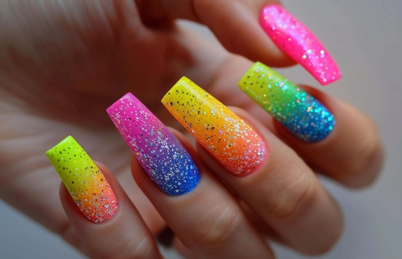 Unhas ombré coloridas e com glitter